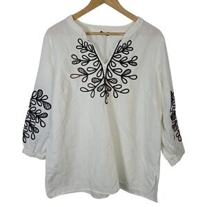 Talbots Womens White Linen Cotton Embroidered V-Neck Tunic Peasant Top